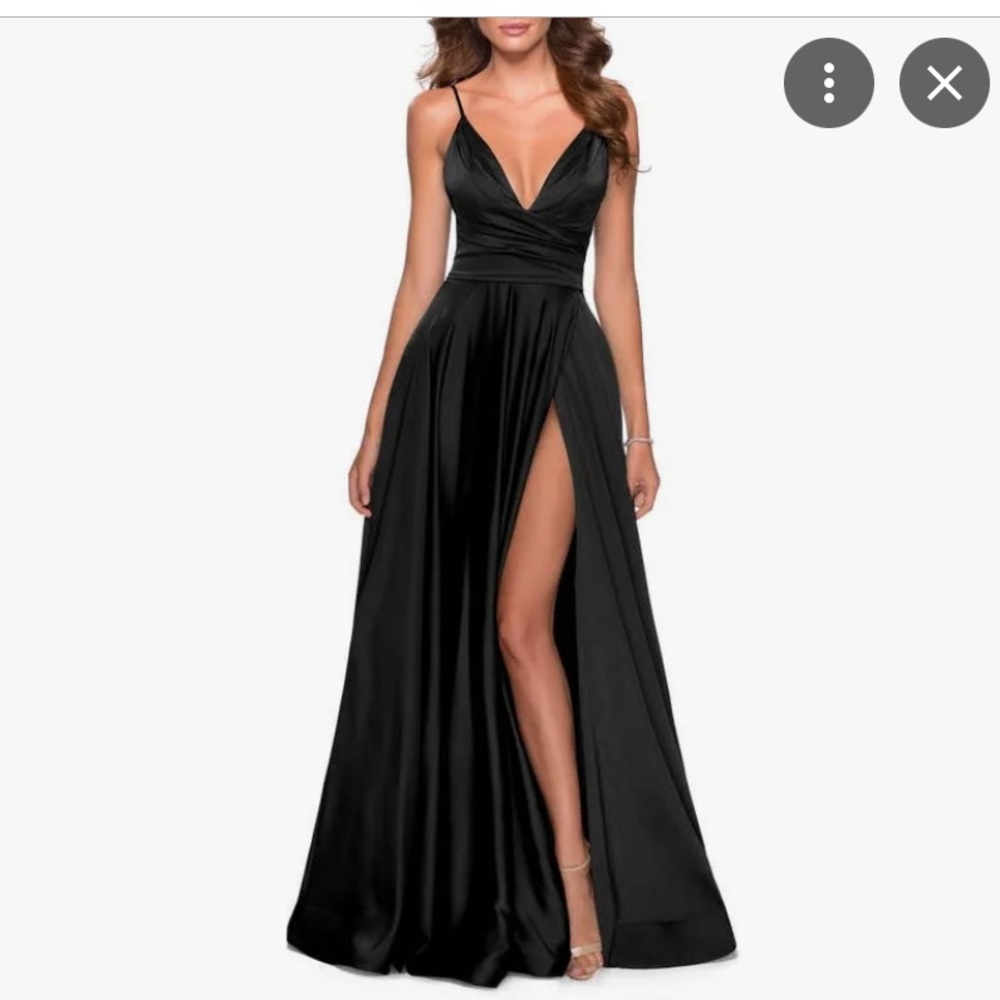 La Femme Black Sleeveless Plunge Neck A-Line Gown Dress